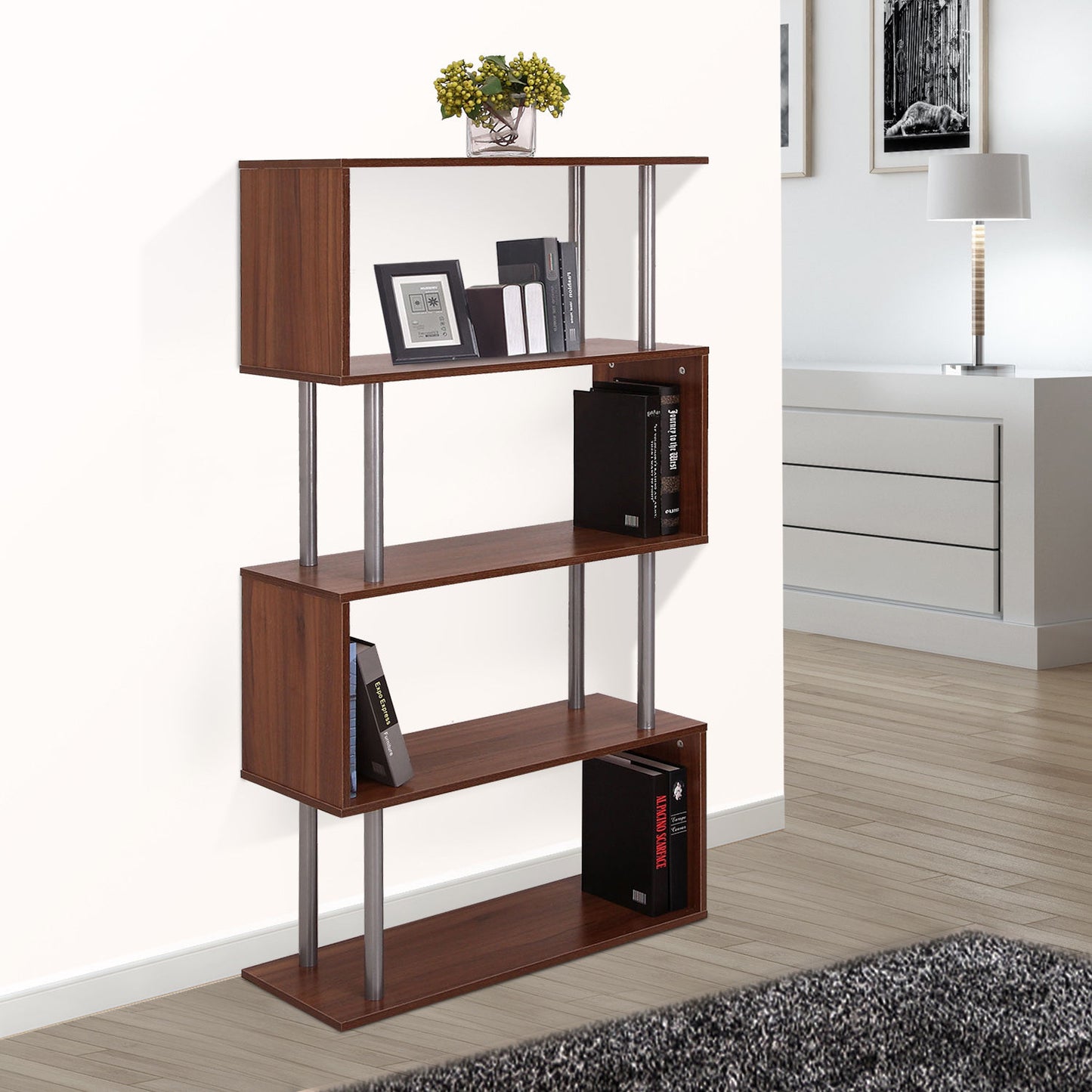 HOMCOM Wooden Bookcase S Shape Storage Display Unit 4 Shelf Home