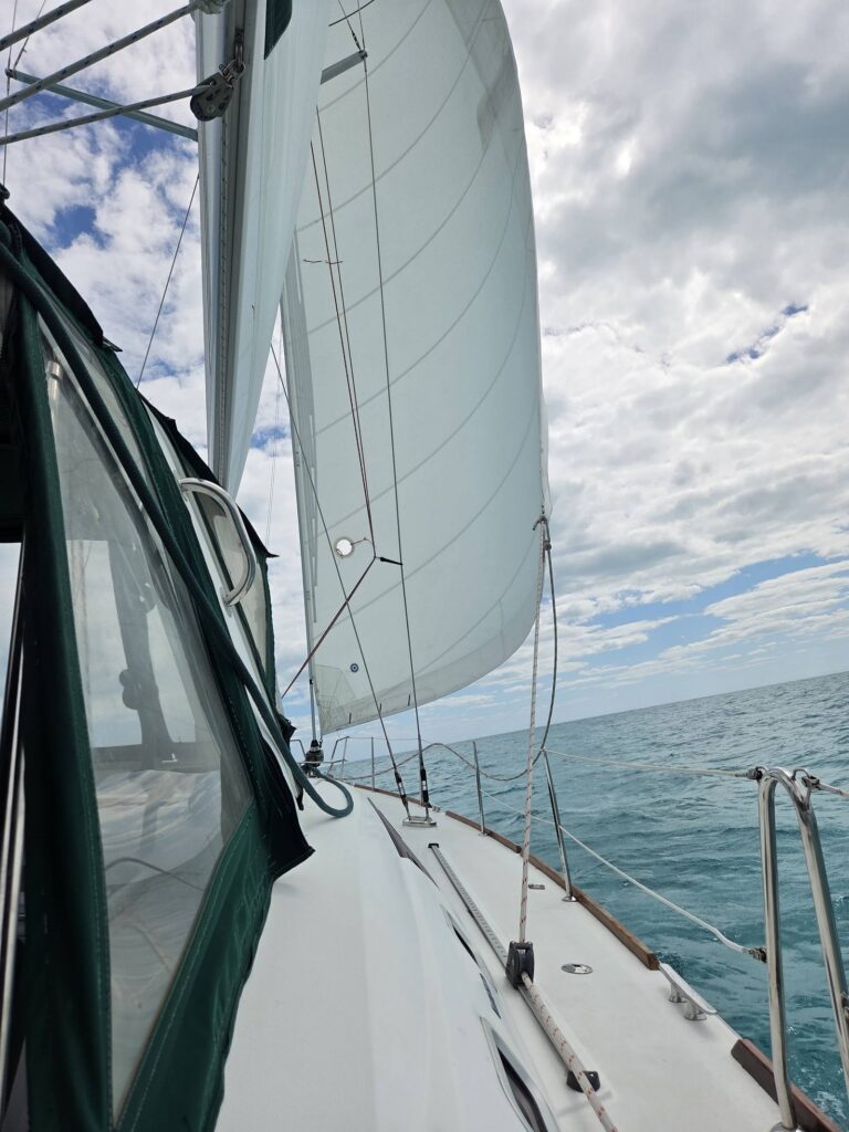 SV Salty's genoa and mainsail are full of wind under a cloudy sky, seen from beside the dodger with blue-green water past the rail.