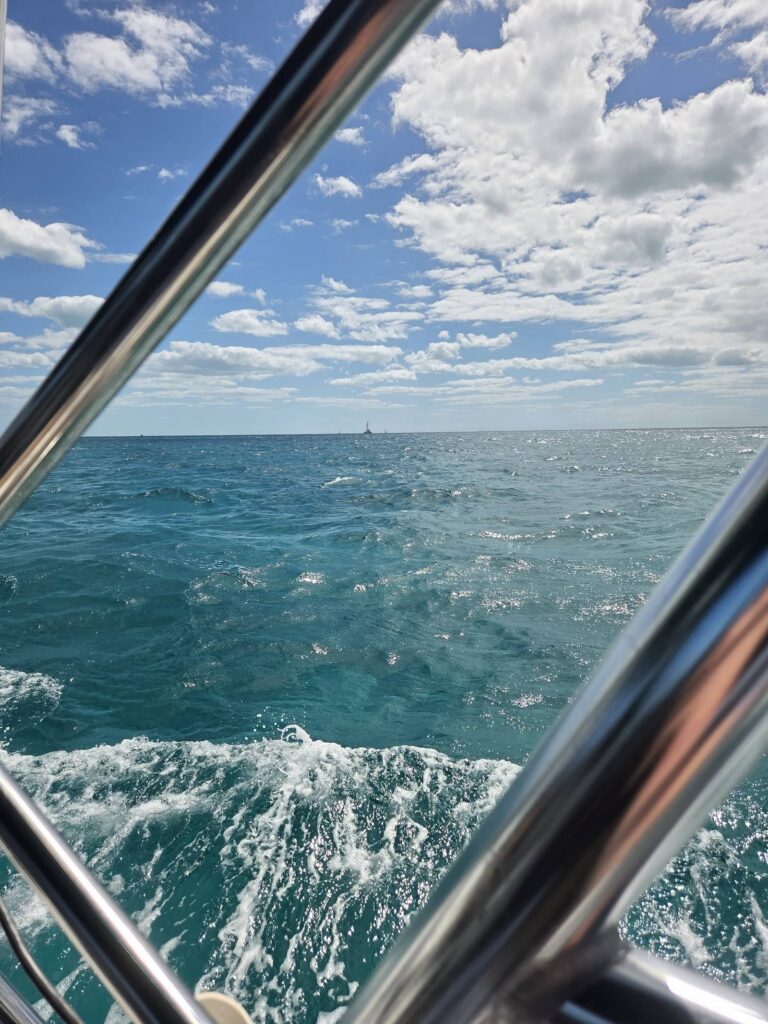 White wake churns across turquoise water, framed by the shiny stainless steel of SV Salty's stern rail, with a small sailboat on the horizon.