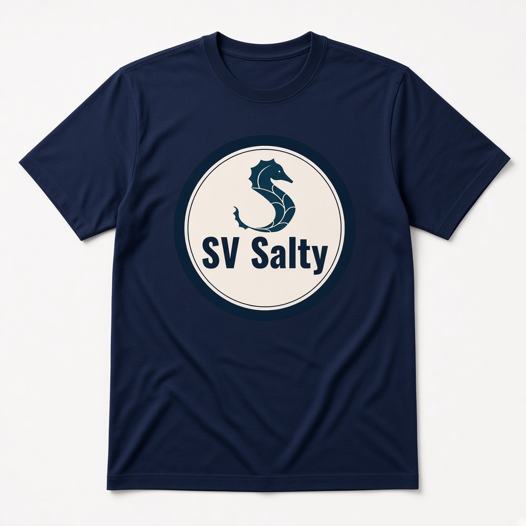 Navy T-shirt with the SV Salty seahorse badge on the chest