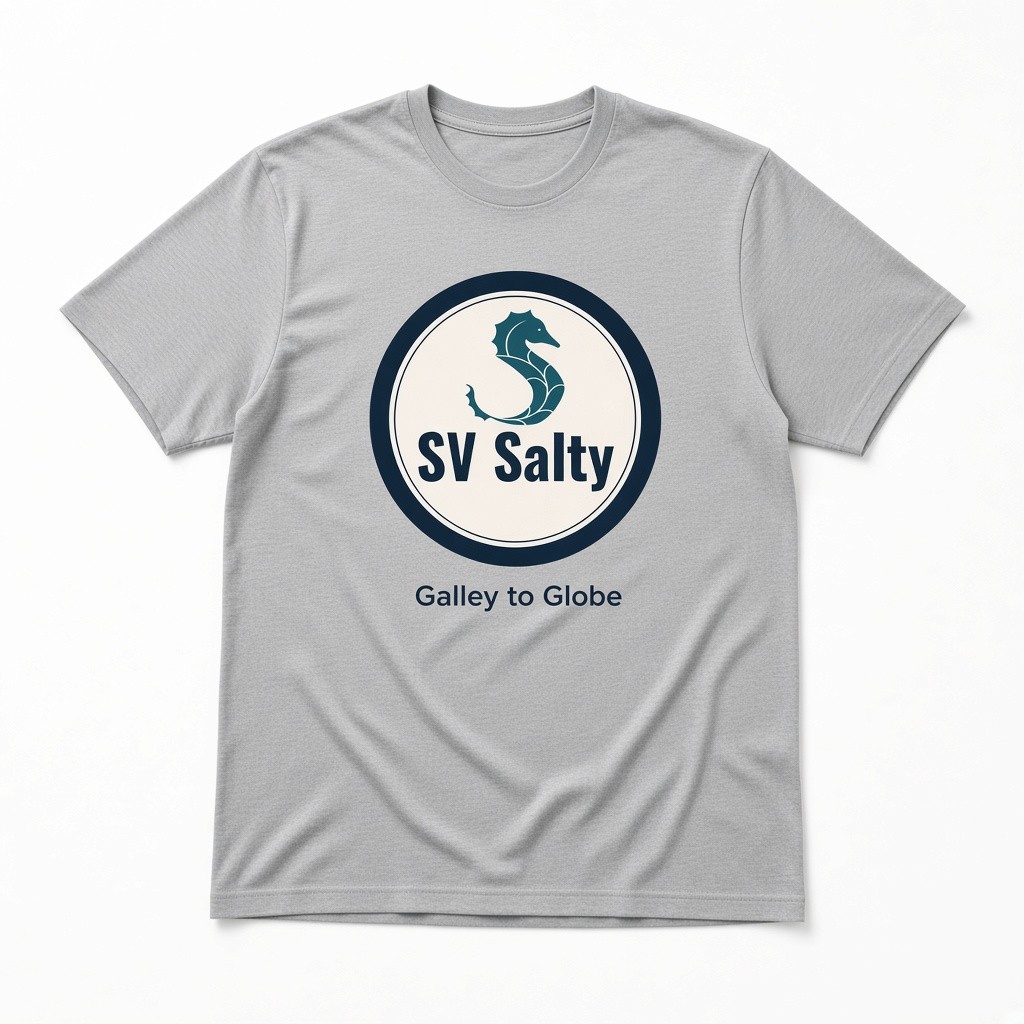Heather gray T-shirt with the SV Salty seahorse badge and Galley to Globe