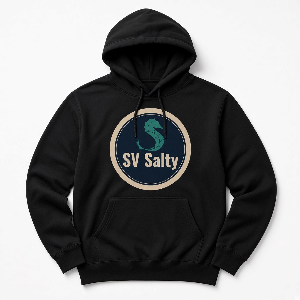 Black hoodie with the SV Salty seahorse badge