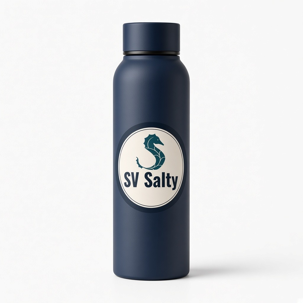 Navy steel water bottle with the SV Salty seahorse badge