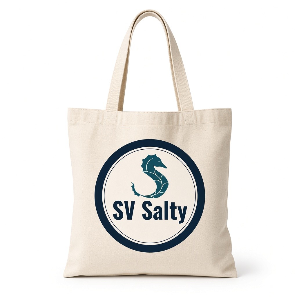Canvas tote bag with a large SV Salty seahorse badge