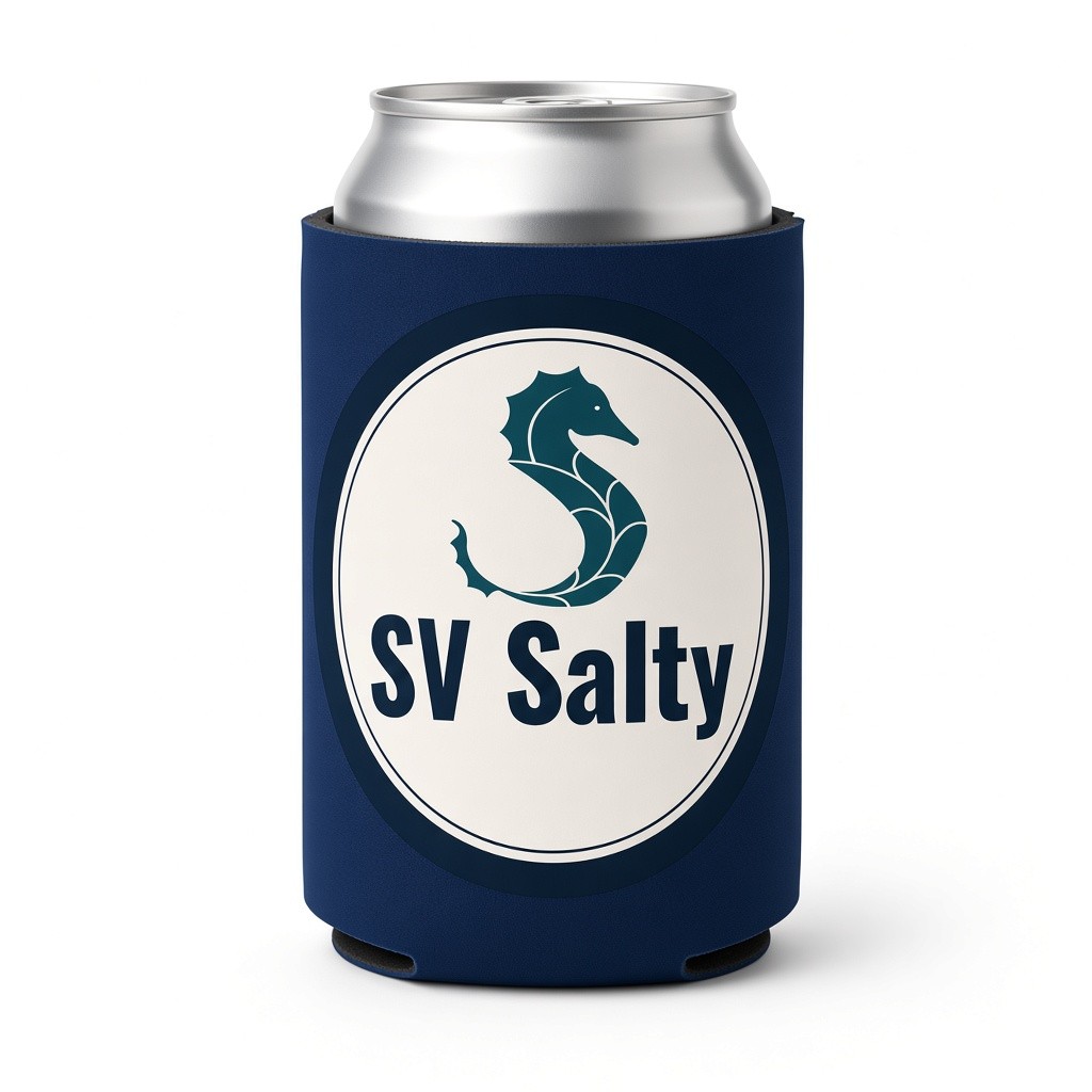 Navy can cooler koozie with the SV Salty seahorse badge