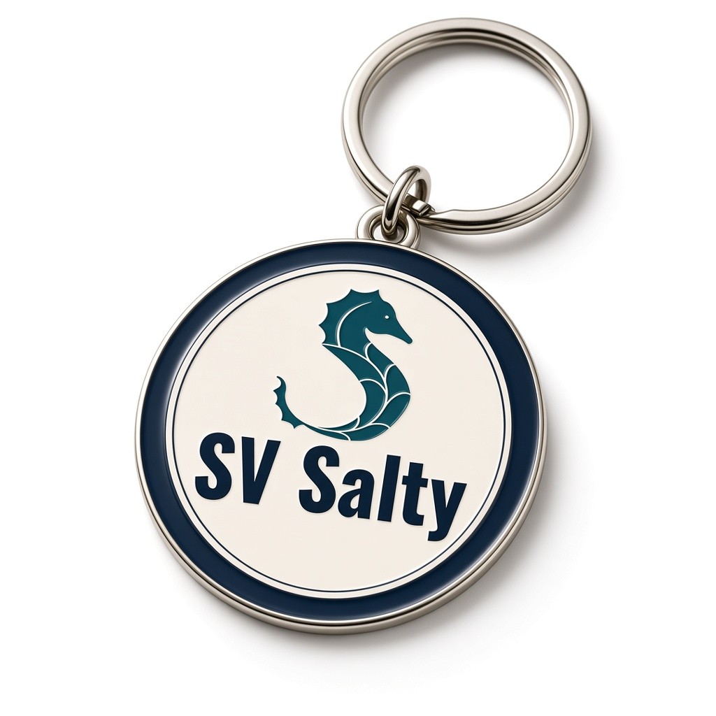 Enamel keychain with the circular SV Salty seahorse badge