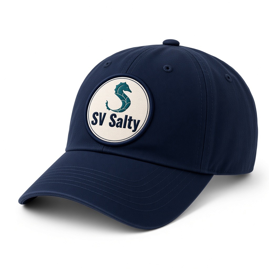 Navy dad hat with an embroidered-style SV Salty seahorse badge