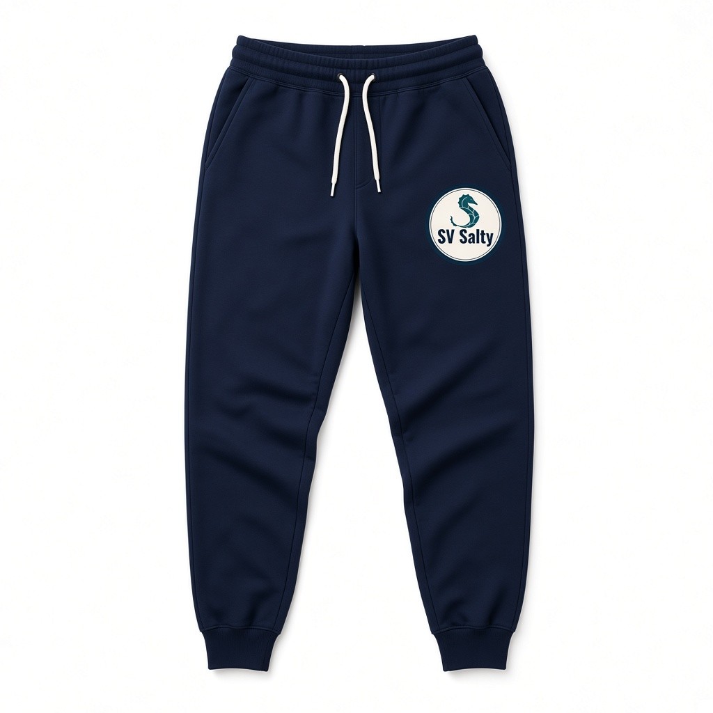 Navy sweatpants with the SV Salty seahorse badge